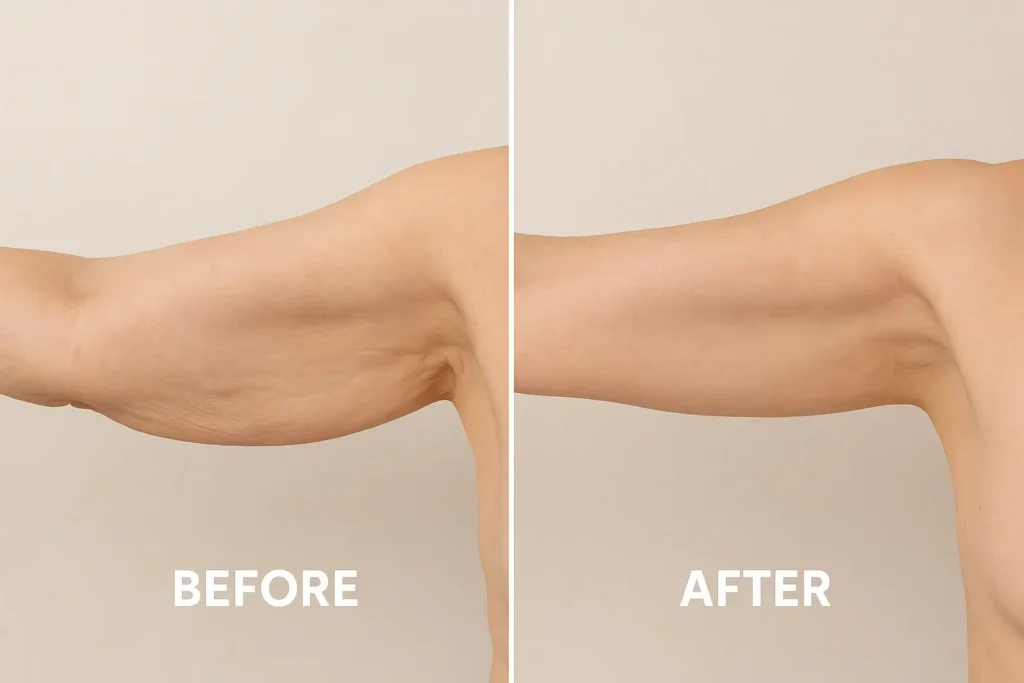 Picture of LA LIPO Sunderland before and after results of skin tightening treatment on the upper arms.