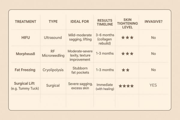 Table showing the comparisons of Skin tightening Sunderland treatment options.